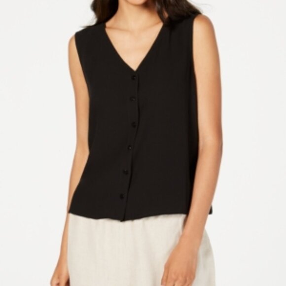 NWT Eileen Fisher Black Silk Georgette Crepe V- Neck Top